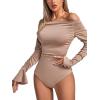 imageLYANER Womens Ruched Off Shoulder Flounce Long Sleeve Skinny Leotard Bodysuit TopsMocha