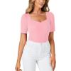 imageLYANER Womens Square V Neck Puff Short Sleeve Knit Summer Elegant TShirt TopsPink