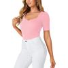 imageLYANER Womens Square V Neck Puff Short Sleeve Knit Summer Elegant TShirt TopsPink