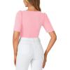 imageLYANER Womens Square V Neck Puff Short Sleeve Knit Summer Elegant TShirt TopsPink