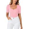 imageLYANER Womens Square V Neck Puff Short Sleeve Knit Summer Elegant TShirt TopsPink