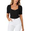 imageLYANER Womens Square V Neck Puff Short Sleeve Knit Summer Elegant TShirt TopsPure Black