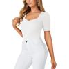 imageLYANER Womens Square V Neck Puff Short Sleeve Knit Summer Elegant TShirt TopsPure White