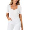 imageLYANER Womens Square V Neck Puff Short Sleeve Knit Summer Elegant TShirt TopsPure White