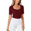 imageLYANER Womens Square V Neck Puff Short Sleeve Knit Summer Elegant TShirt TopsPure Wine Red