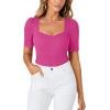 imageLYANER Womens Square V Neck Puff Short Sleeve Knit Summer Elegant TShirt TopsRose