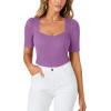 imageLYANER Womens Square V Neck Puff Short Sleeve Knit Summer Elegant TShirt TopsSolid Purple