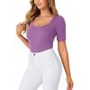 imageLYANER Womens Square V Neck Puff Short Sleeve Knit Summer Elegant TShirt TopsSolid Purple
