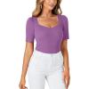imageLYANER Womens Square V Neck Puff Short Sleeve Knit Summer Elegant TShirt TopsSolid Purple