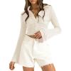 imageLYANER Womens Collar Button Down Ruched Long Sleeve Fitted Crop Tee Shirt TopBeige