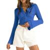 imageLYANER Womens Collar Button Down Ruched Long Sleeve Fitted Crop Tee Shirt TopBlue