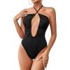 imageLYANER Womens Cutout Criss Cross Halter Tie Neck Sleeveless Leotard Bodysuit TopBlack