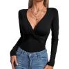 imageLYANER Womens Deep V Neck Twist Front Long Sleeve Tiny Leotard Bodysuit TopsSolid Black