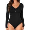 imageLYANER Womens Henley Shirts Long Sleeve Bodysuit V Neck Button Down Body Suit Leotard TopsBlack