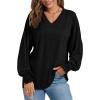 imageLYANER Womens Long Sleeve Tops V Neck Ruffle Lantern Sleeve Casual Loose Blouse Tunic Shirts TopBlack
