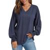 imageLYANER Womens Long Sleeve Tops V Neck Ruffle Lantern Sleeve Casual Loose Blouse Tunic Shirts TopDusty Blue