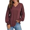 imageLYANER Womens Long Sleeve Tops V Neck Ruffle Lantern Sleeve Casual Loose Blouse Tunic Shirts TopWine Red