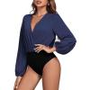 imageLYANER Womens Rib Knit Wraped V Neck Puff Long Sleeve Bodysuit Leotard Top