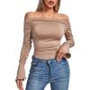 imageLYANER Womens Ruched Off Shoulder Flounce Long Sleeve Skinny Leotard Bodysuit TopsMocha