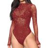 imageLYANER Womens Sexy Sheer Mock Neck Long Sleeve Leotard Bodysuit TopGlitter Burgundy