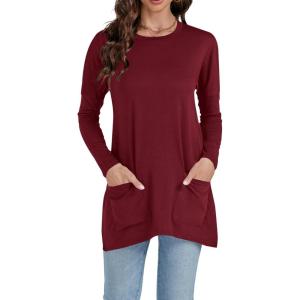 imageLYANER Womens 2024 Crew Neck Long Sleeve TShirts Loose Blouse Casual Tunic Tops for Leggings with PocketWine Red