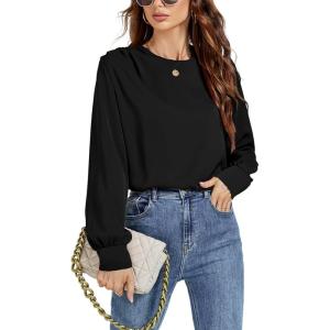 imageLYANER Womens Basic Causal Crew Neck Pleated Long Sleeve Blouse Work Shirt TopBlack