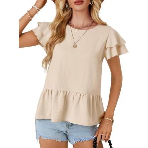 imageLYANER Womens Boho Crewneck Ruffle Hem Layer Short Sleeve Blouse Shirt TopBeige