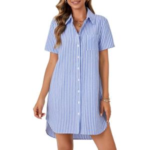 imageLYANER Womens Button Down Shirt Dress with Pocket Cotton Striped Shirts Collared V Neck Short Sleeve High Low Blouse TopsBlue