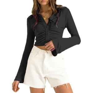 imageLYANER Womens Collar Button Down Ruched Long Sleeve Fitted Crop Tee Shirt TopBlack