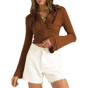 imageLYANER Womens Collar Button Down Ruched Long Sleeve Fitted Crop Tee Shirt TopBrown
