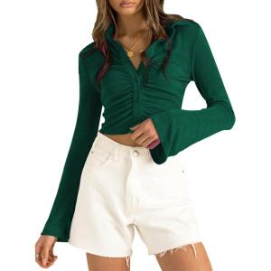 imageLYANER Womens Collar Button Down Ruched Long Sleeve Fitted Crop Tee Shirt TopDark Green
