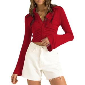 imageLYANER Womens Collar Button Down Ruched Long Sleeve Fitted Crop Tee Shirt TopRed