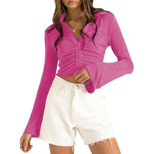 imageLYANER Womens Collar Button Down Ruched Long Sleeve Fitted Crop Tee Shirt TopRose