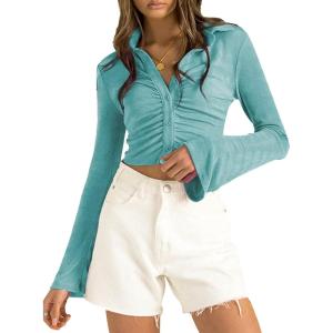 imageLYANER Womens Collar Button Down Ruched Long Sleeve Fitted Crop Tee Shirt TopSky Blue