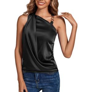 imageLYANER Womens Elegant Satin Silky One Shoulder Drape Front Sleeveless Blouse Shirt TopsBlack