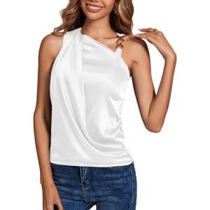 imageLYANER Womens Elegant Satin Silky One Shoulder Drape Front Sleeveless Blouse Shirt TopsWhite