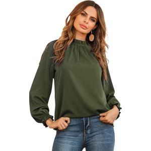 imageLYANER Womens Frill Mock Neck Flounce Long Sleeve Solid Blouse Office Shirt TopArmy Green