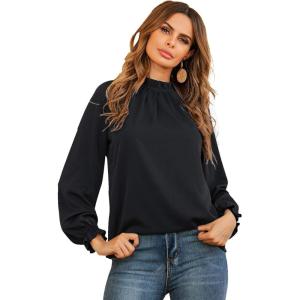 imageLYANER Womens Frill Mock Neck Flounce Long Sleeve Solid Blouse Office Shirt TopBlack