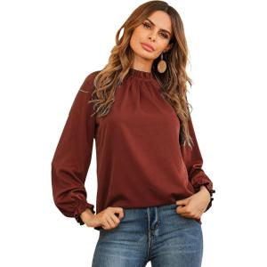 imageLYANER Womens Frill Mock Neck Flounce Long Sleeve Solid Blouse Office Shirt TopCaramel