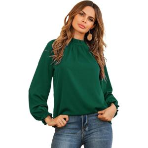 imageLYANER Womens Frill Mock Neck Flounce Long Sleeve Solid Blouse Office Shirt TopDark Green