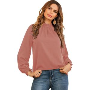 imageLYANER Womens Frill Mock Neck Flounce Long Sleeve Solid Blouse Office Shirt TopDusty Pink