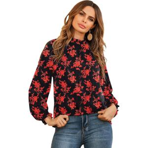 imageLYANER Womens Frill Mock Neck Flounce Long Sleeve Solid Blouse Office Shirt TopFloral Red