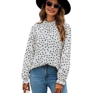 imageLYANER Womens Frill Mock Neck Flounce Long Sleeve Solid Blouse Office Shirt TopFloral White