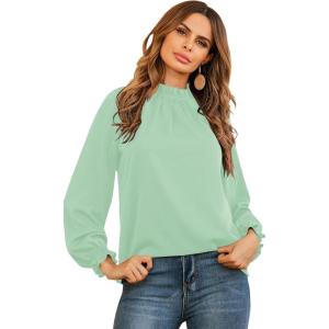 imageLYANER Womens Frill Mock Neck Flounce Long Sleeve Solid Blouse Office Shirt TopLight Green