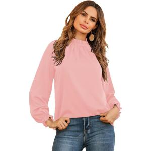 imageLYANER Womens Frill Mock Neck Flounce Long Sleeve Solid Blouse Office Shirt TopPink