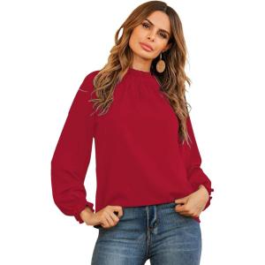 imageLYANER Womens Frill Mock Neck Flounce Long Sleeve Solid Blouse Office Shirt TopRed