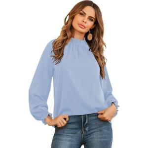 imageLYANER Womens Frill Mock Neck Flounce Long Sleeve Solid Blouse Office Shirt TopSky Blue