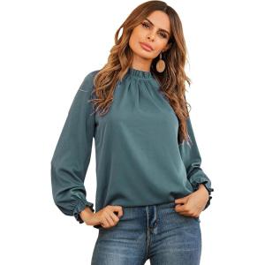 imageLYANER Womens Frill Mock Neck Flounce Long Sleeve Solid Blouse Office Shirt TopTurquoise