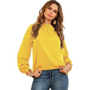 imageLYANER Womens Frill Mock Neck Flounce Long Sleeve Solid Blouse Office Shirt TopYellow