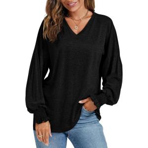 imageLYANER Womens Long Sleeve Tops V Neck Ruffle Lantern Sleeve Casual Loose Blouse Tunic Shirts TopBlack
